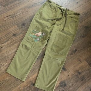 SUNDANCE 12 Green EMBROIDERED BIRD Patchwork Ankle PANTS CottonBlend POCKETS new
